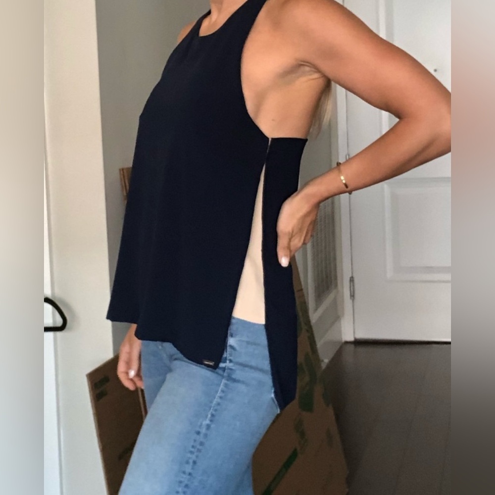 Line & Dot Navy with Cream Side Drape Halter Top Poly Overlay Size XS